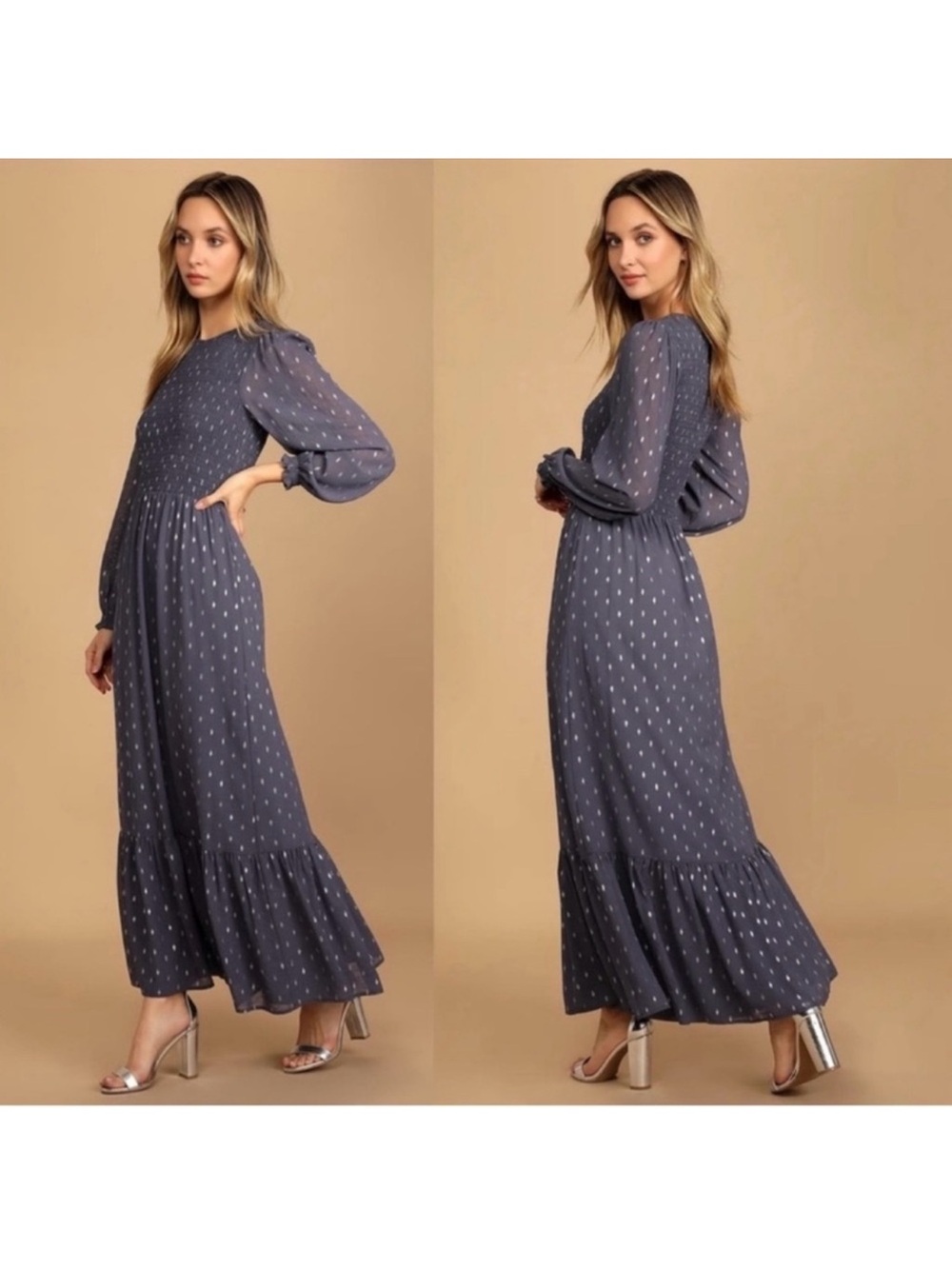 Lulus Simple Observation Blue and Silver Dotted
Smocked Maxi Dress